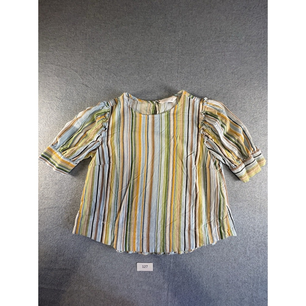 LC Lauren Conrad Womens XS Multi Color Striped Puff Sleeve Linen Blend Blouse